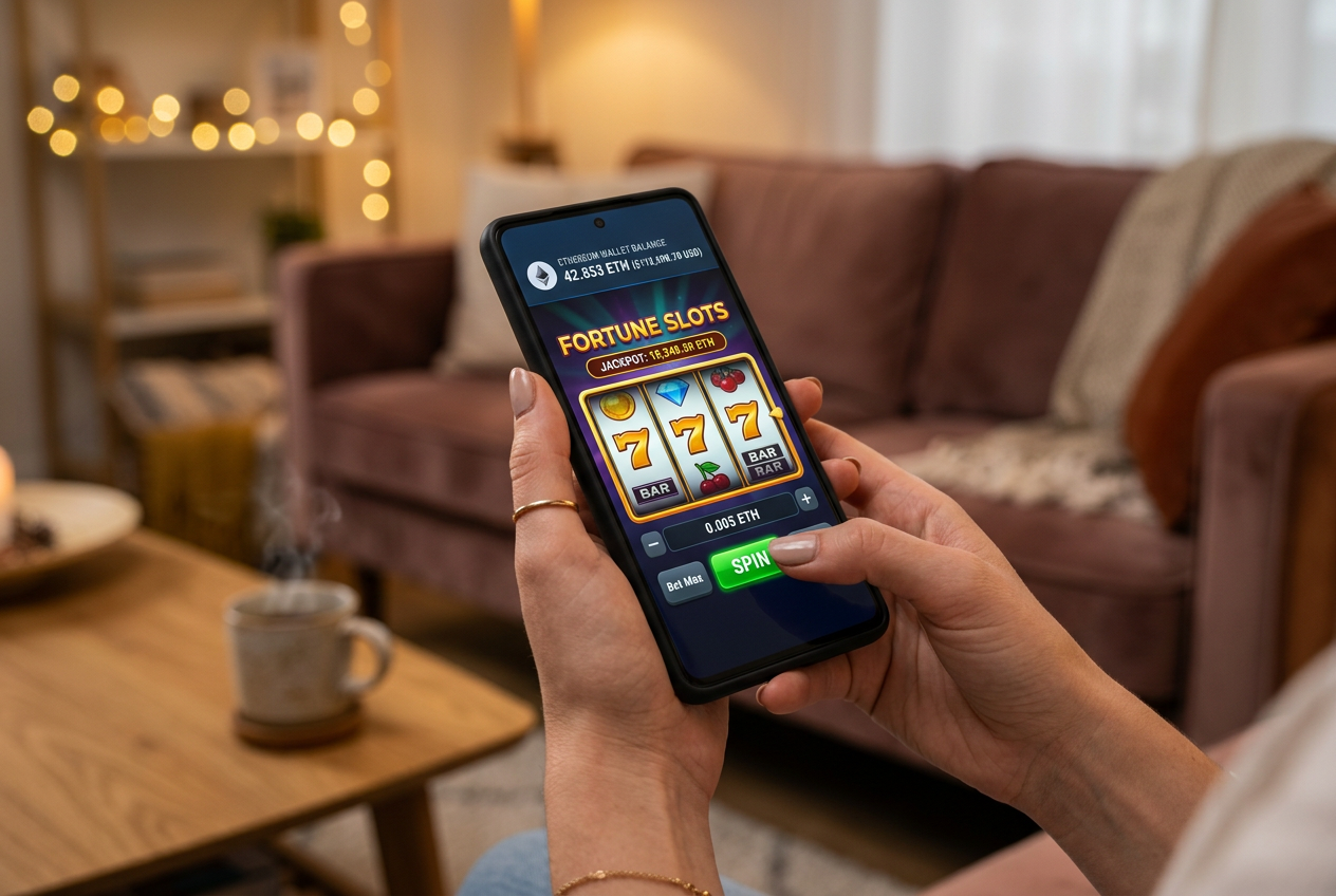 A person playing a casino game on a smartphone using Ethereum.