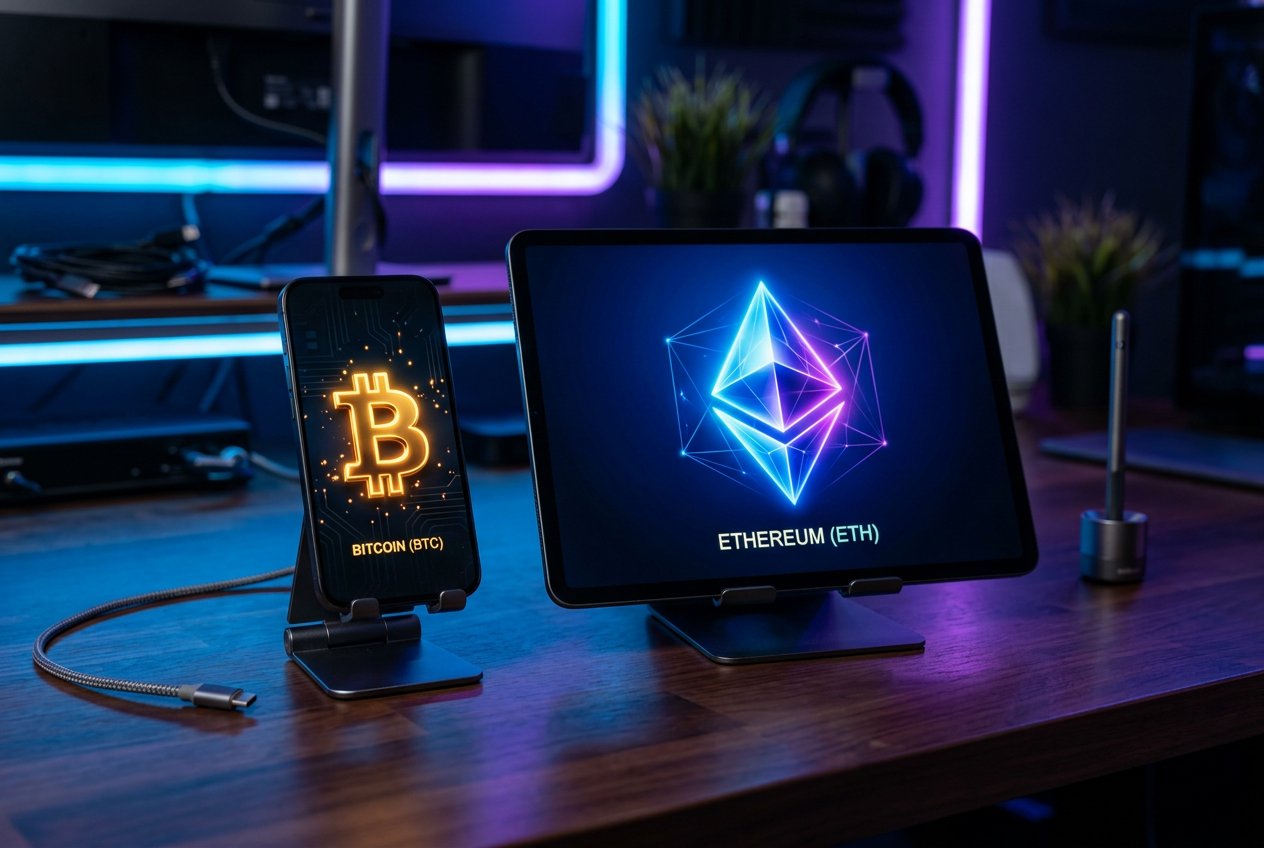 Graphic representation of Ethereum and Bitcoin logos on a digital interface.